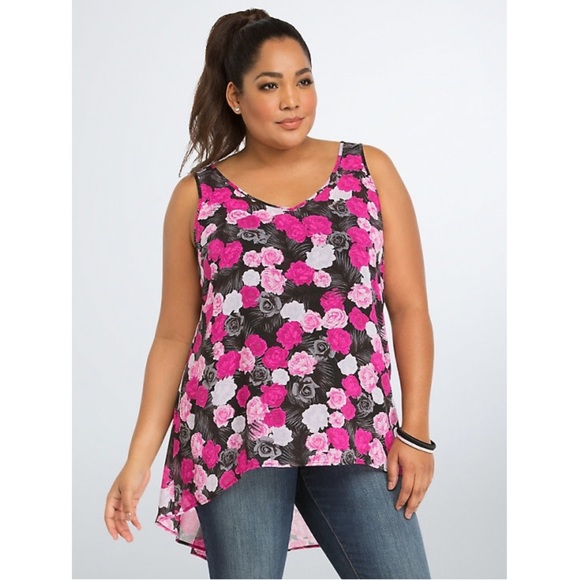 torrid Tops - Torrid Pink Rose Printed Chiffon Hi-Lo Tank Top